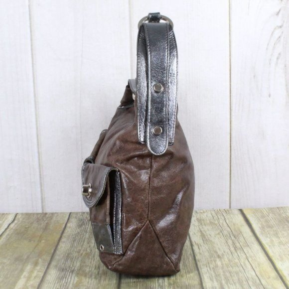 Tano Brown Distressed Leather Purple Lined Silver Trim Hobo Purse Shoulder Bag - Picture 5 of 10